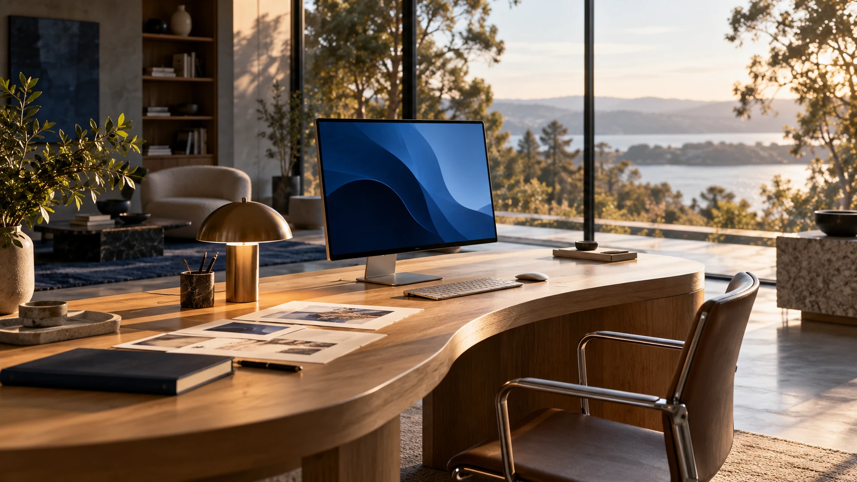 A sunlit creative workspace with an oak desk and a desktop computer